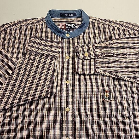 Chaps Ralph Lauren Men's Button Down Long Sleeve Plaid Denim Collar  Vintage 90s - Picture 6 of 9
